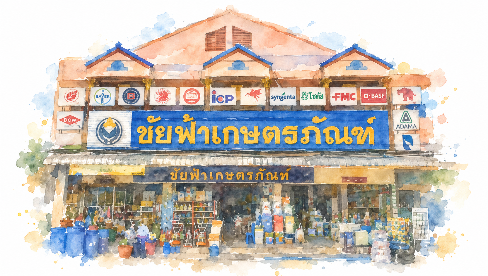 ภาพสีน้ำหน้าร้านชัยฟ้าเกษตรภัณฑ์